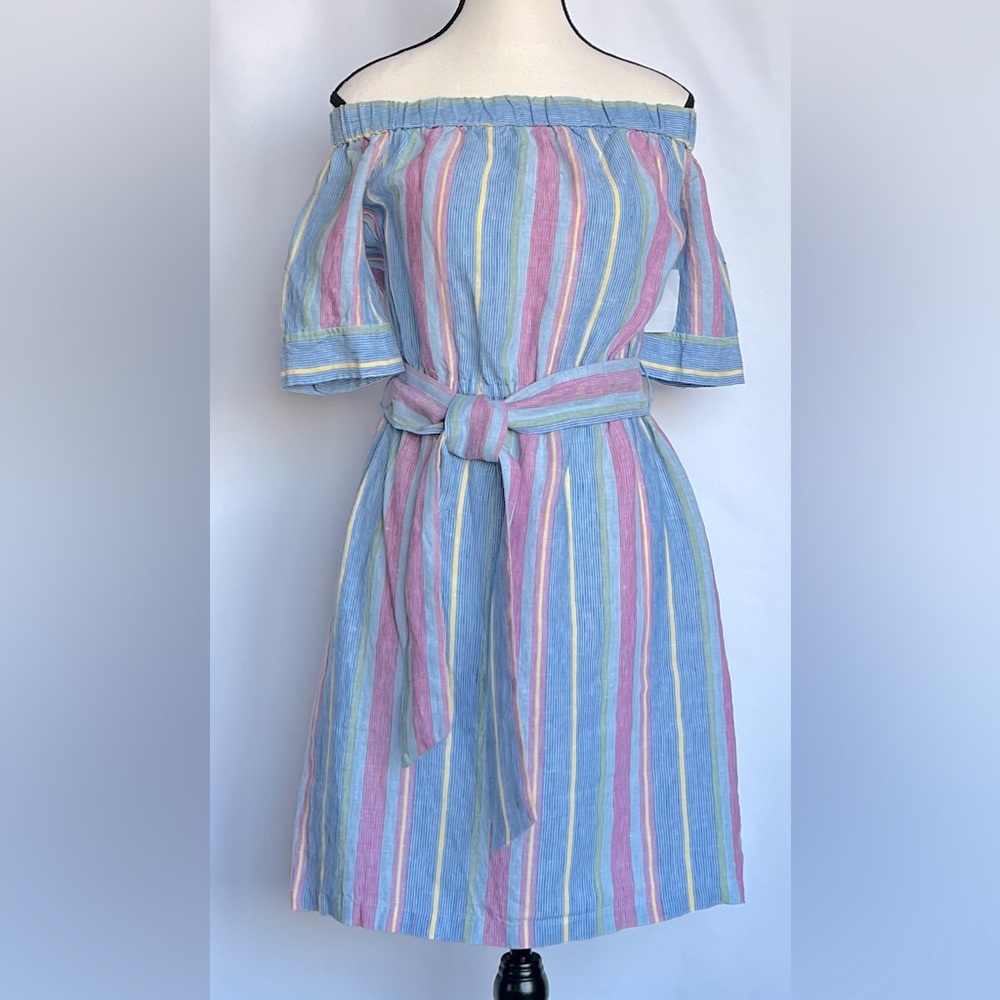 FRAME Women’s Off-Shoulder Striped Belted Linen Pastel Dress Size XS - Picture 2 of 11